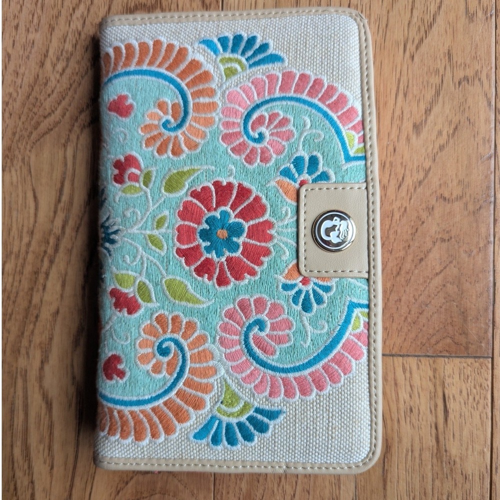 Spartina 449 Snap‎ Wallet Beige Floral Embroidered Linen Leather Trim OS